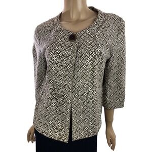 Talbots Size 8 Jacket Top Brown & White 1 Button 3/4 Sleeve Round Neck